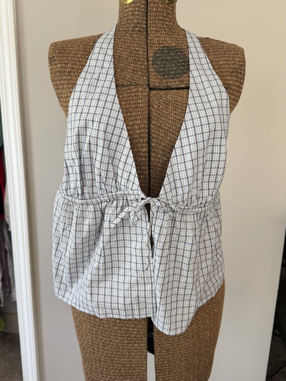 NWT Aritzia Brioche Poplin Halter Tie-Front Top Rommey Chck Vl Bl/Adm, L